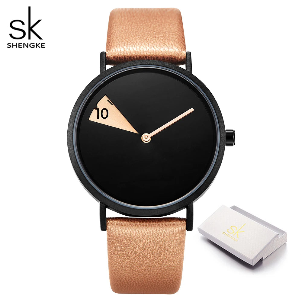 Shengke Top Women Watch Creative Wristwatch Ladies Watch Rotate Yellow Leather Band Wristwatches Clock Montres Femme Reloj Mujer