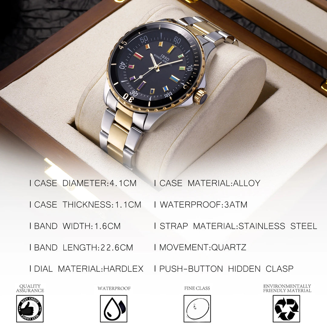 IBSO 2026 Men Business Style Quartz Watches Stainless Steel Strap Luminous Hands Luxury Japanese Quartz Movement Waterproof