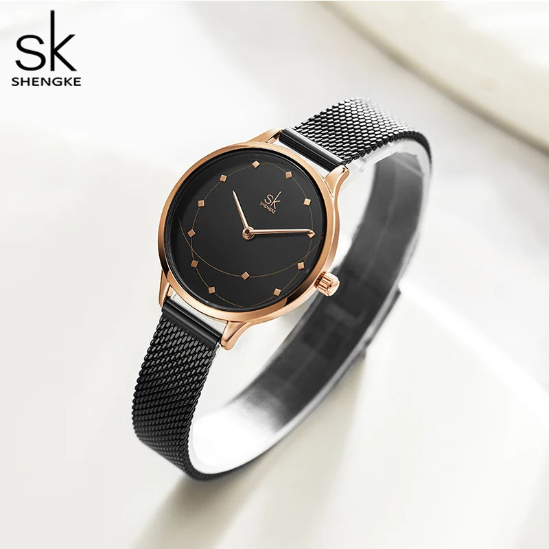 Shengke New Arrival Women Watch Black Quartz Wirstwatches Milan Meshband Ladies Watches Montre Femme Gifts Clock Reloj Mujer