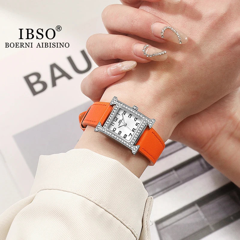 IBSO 2026 New Luxury Women Rectangle Watches Japanese Quartz Movement Ultra-Thin 3ATM Waterproof Full Diamond Genuine Leather
