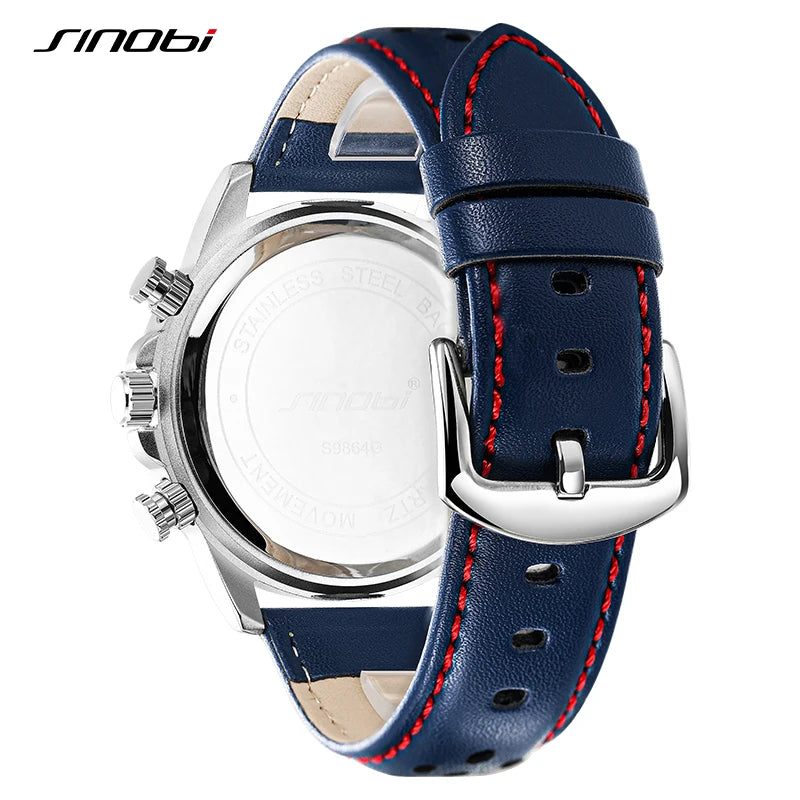 SINOBI New Fashion Sports Mens Watches Stainless Steel Chronograph Man Quartz Wristwatches Luminous hands Male's Calender Clock