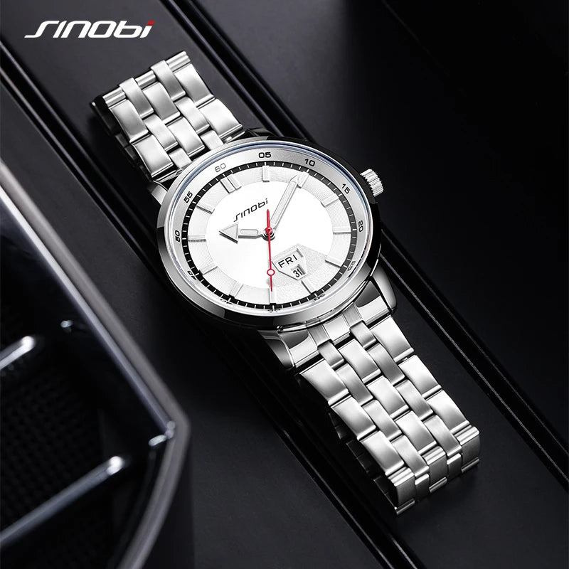 SINOBI Top Brand Men's Quartz Watches Fashion Design Man's Wristwatches Calendar Weekly Display Top Luxury Gifts Clock Stainless