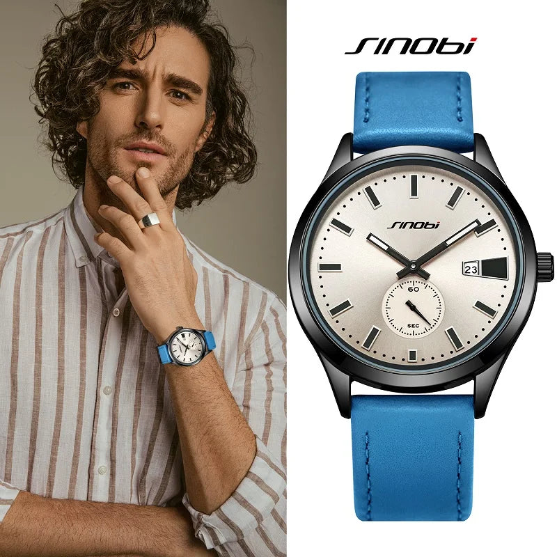 SINOBI Fashion Design Men's Watches Original Leather Strap Man's Quartz Wristwatches Best Gifts Clock for Male Relogio Masculino
