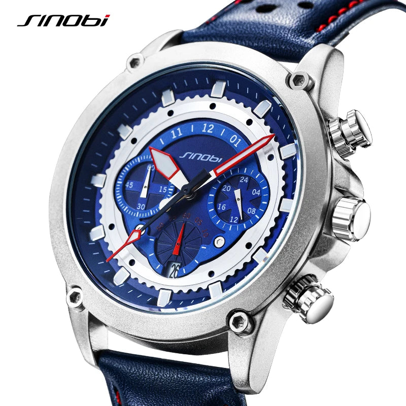 SINOBI New Fashion Sports Mens Watches Stainless Steel Chronograph Man Quartz Wristwatches Luminous hands Male's Calender Clock