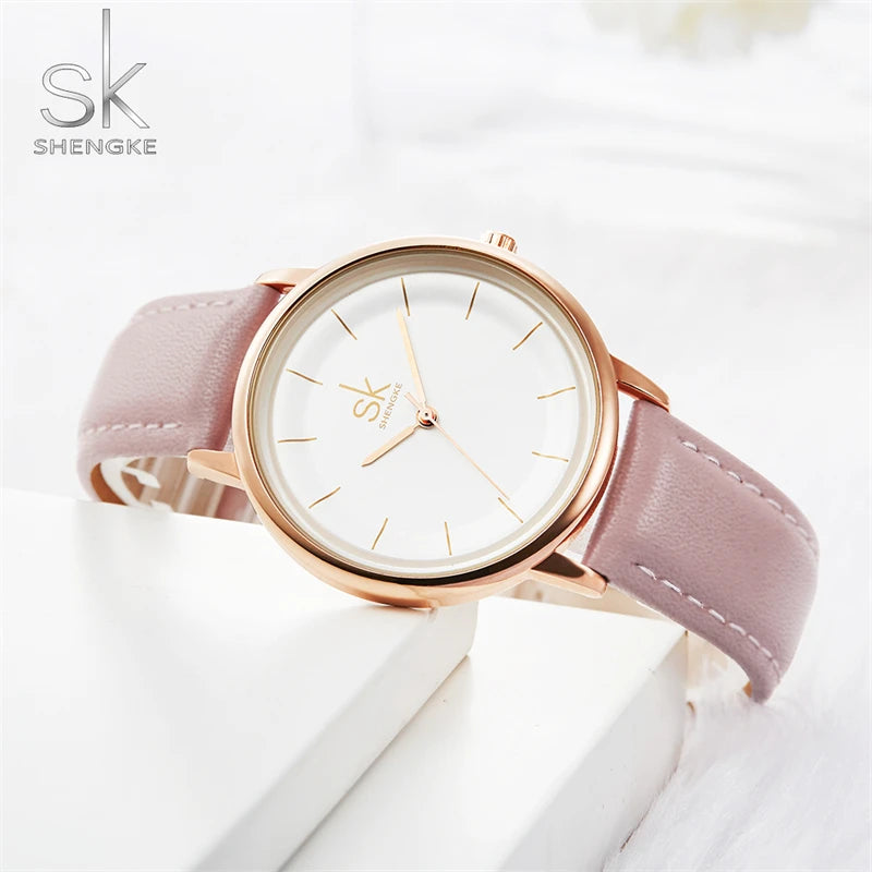 Shengke Women Watches Simple Fashion Female Leather Quartz Wrist Watch Ladies Waterproof Clock Girl Gift Relogio Feminino