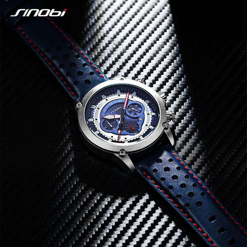 SINOBI New Fashion Sports Mens Watches Stainless Steel Chronograph Man Quartz Wristwatches Luminous hands Male's Calender Clock