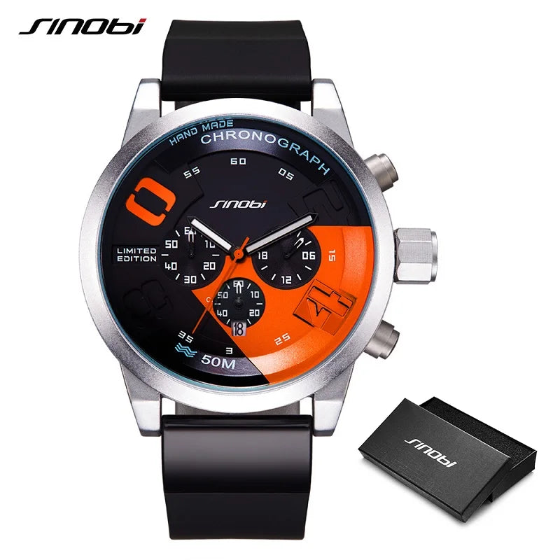 SINOBI Men Sports Watches  Waterproof Black Dial Males Chronograph Quartz Wrist Watch 2017 New Fast Furious Relogio Masculino