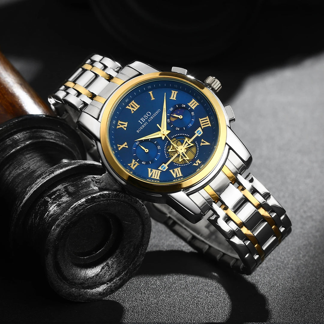 IBSO New 2026 Luxury Quartz Watch Multifunctional Watch 3ATM Waterproof Stop Calendar Solid Stainless Steel Strap Moon Phase