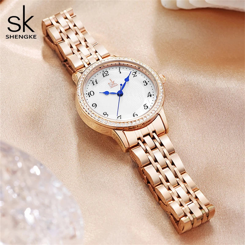 Top Brand Shengke Women's Watch Stainless Steel Rose Gold Simple Waterproof Luminous Ladies Watches Luxury Quartz Elegant Clock
