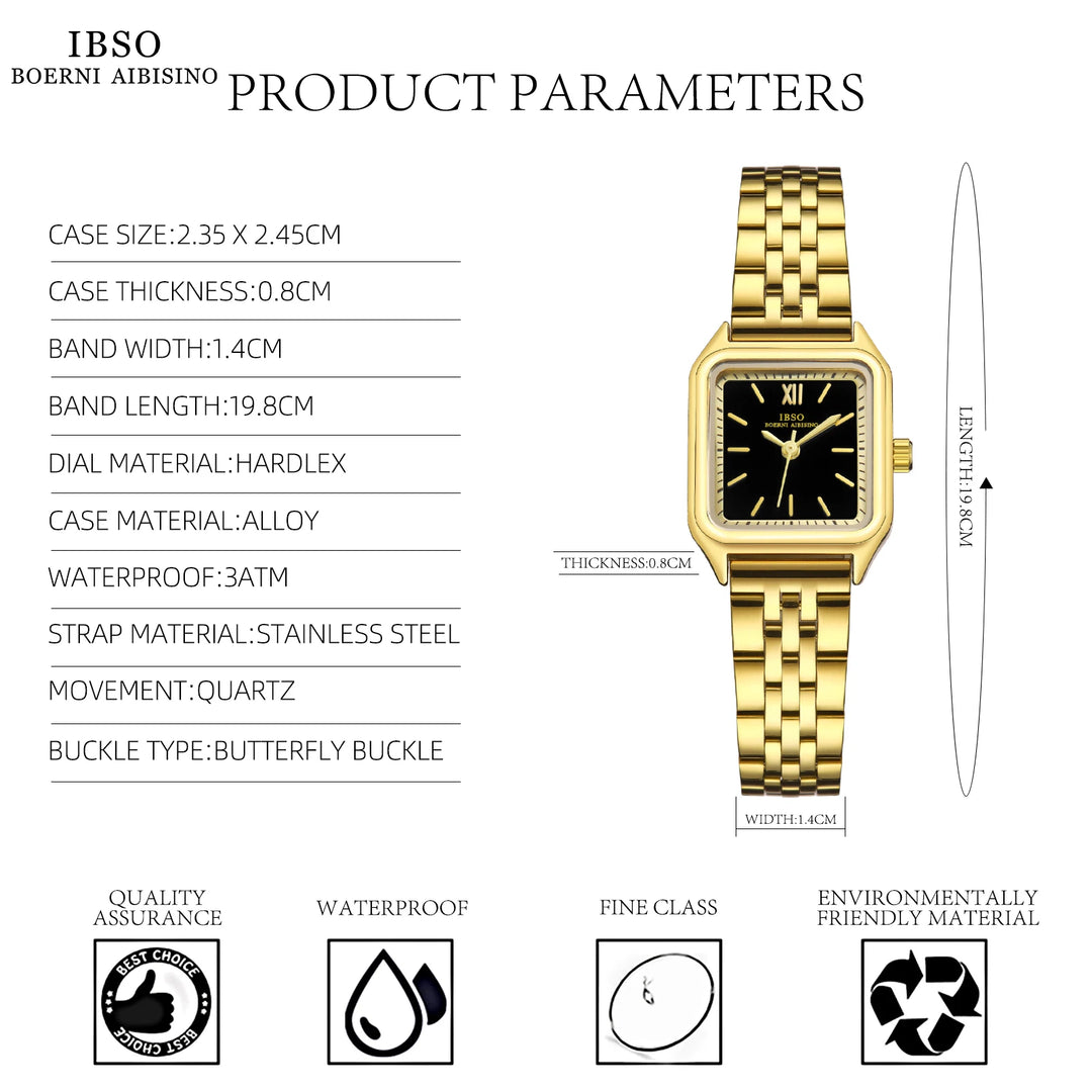 IBSO 2026 New Women Luxury Style Quartz Watches Square Face Stainless Steel Strap Waterproof Dial Waterproof 30 Quartz S9680L