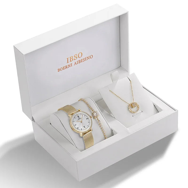 IBSO 2026 Women's Quartz Watch Set Crystal Bracelet Necklace Watch Sets Female Jewelry Set Silver Set Watch Valentine's Day Gift