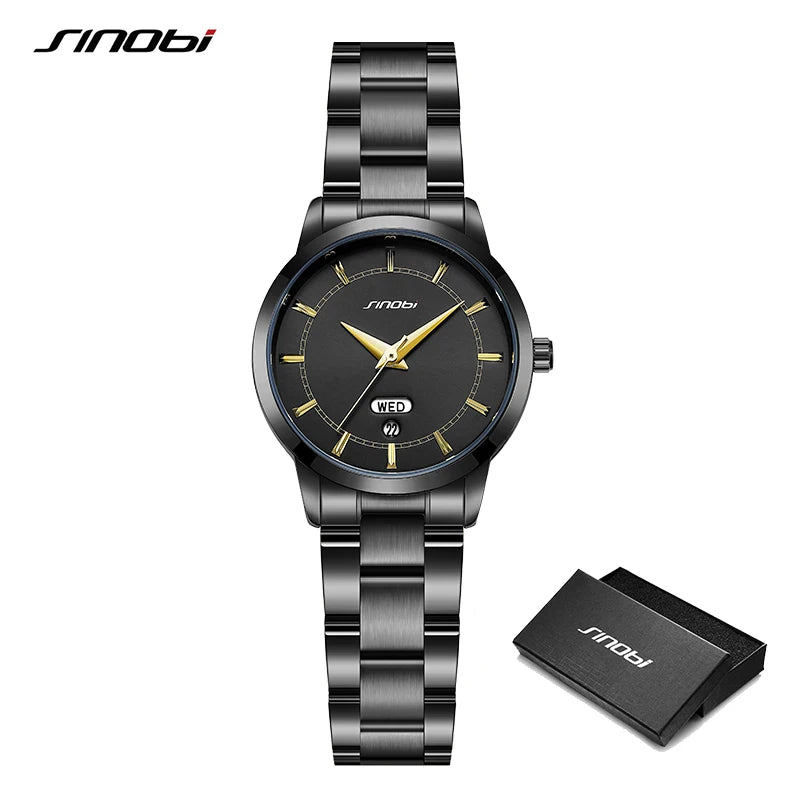 SINOBI Ladies Stainless Steel Watches Fashion Design Women's Quartz Wristwatches Elegant Female Business Clock