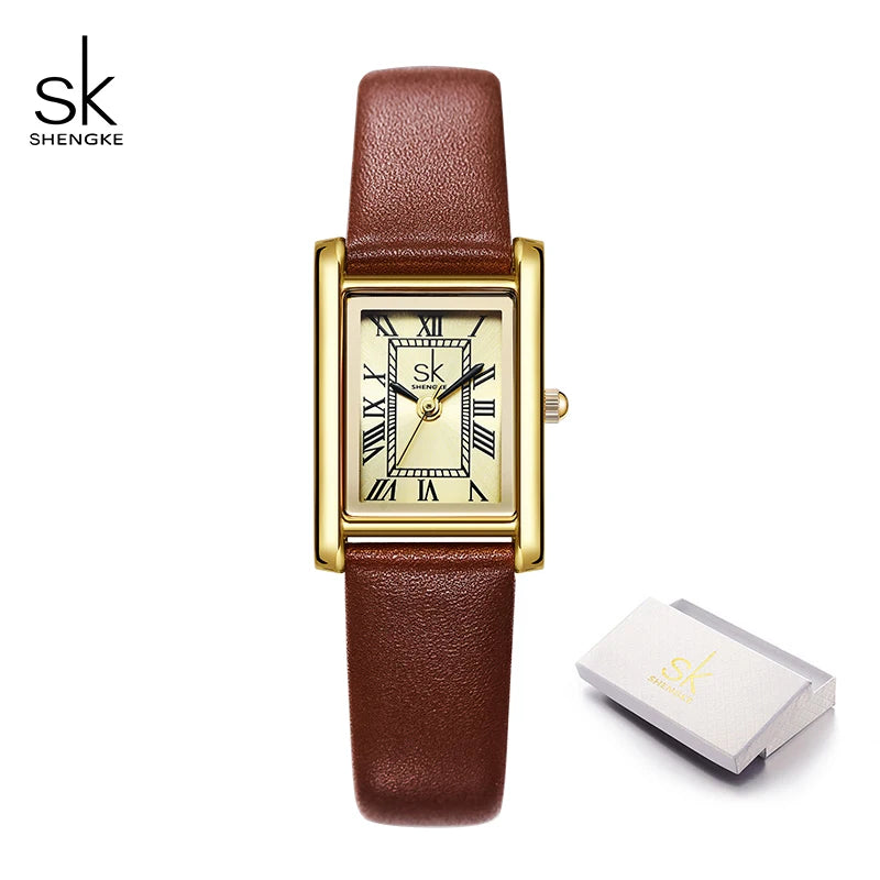 Shengke Ladies Watches Original Rectangle Leather Strap Women's Quartz  Wristwatches Best Gifts Clock Reloj Mujer Dropshipping