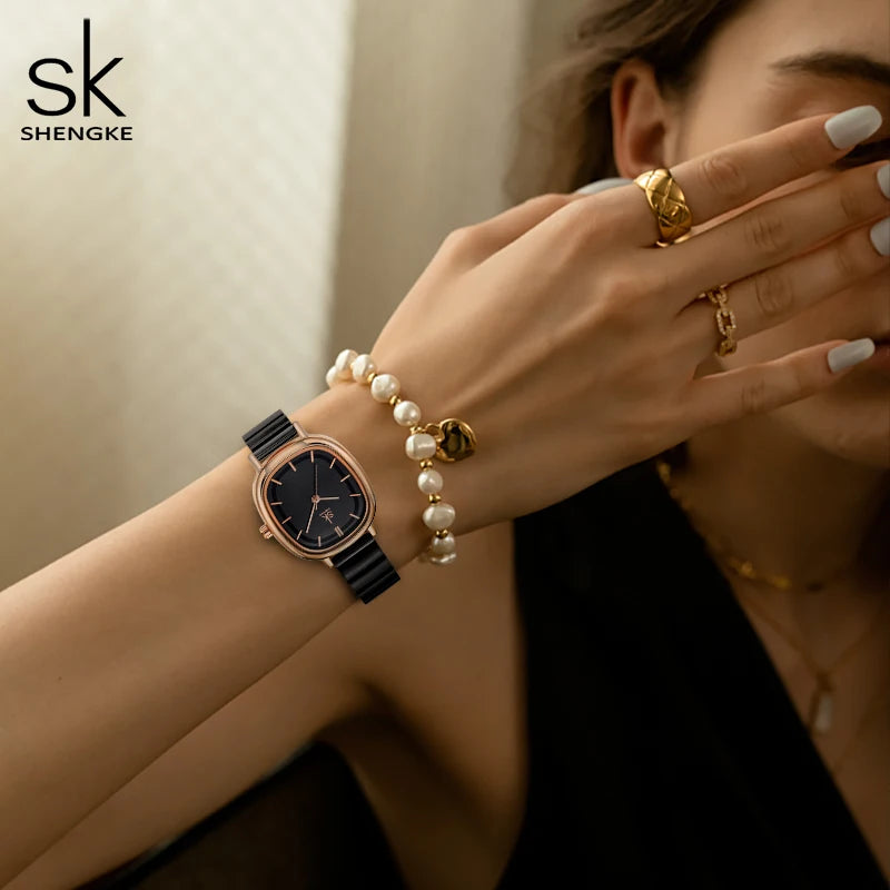 Shengke Relogio Feminino Women's Watches Fashion Black Top Luxury Ladies Quartz Wristwatches Elegant Woman's Clock HM New Design