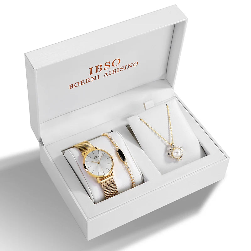 IBSO 2026 Women's Quartz Watch Set Crystal Bracelet Necklace Watch Sets Female Jewelry Set Silver Set Watch Valentine's Day Gift