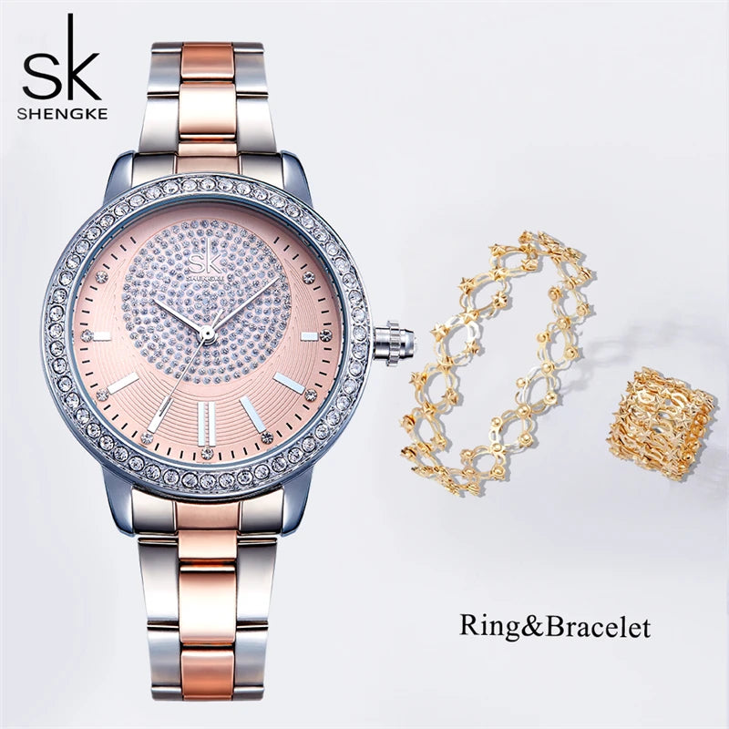 Shengke Top Luxury Women's Watches 2 In 1 Magic Retractable Ring Bracelet Diamond Ladies Quartz Wristwatches Best Gifts Clock