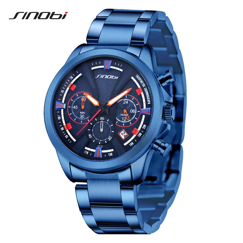 SINOBI Brand Men's Watches New Styles Chronograph Man's Quartz Wrist Watches Fashion Stainless Steel Best Gifts Calendar Clock