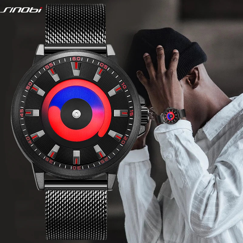 Sinobi Creative Design Mens Watches Fashion Mesh Strap Man's Quartz Wristwatches Colorful Vortex Sky Clock For Male Relogio