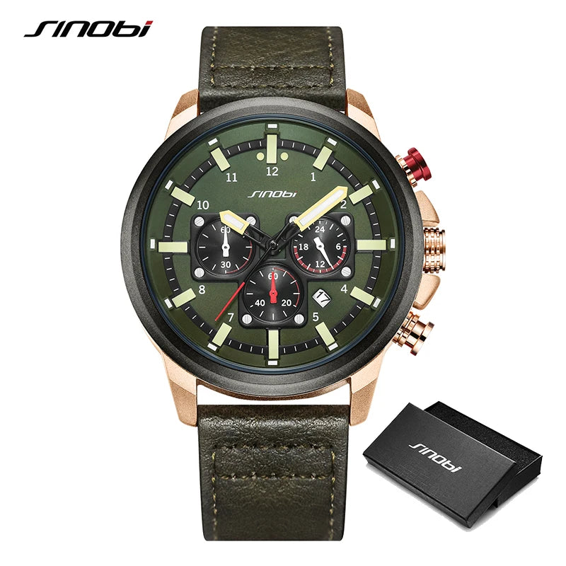 SINOBI New Luxury Brand Men Analog Leather Sports Watches Men's Army Military Watch Male Date Quartz Clock Relogio Masculino