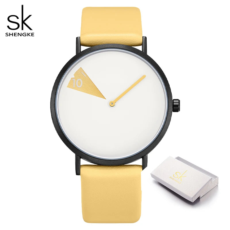 Shengke Top Women Watch Creative Wristwatch Ladies Watch Rotate Yellow Leather Band Wristwatches Clock Montres Femme Reloj Mujer