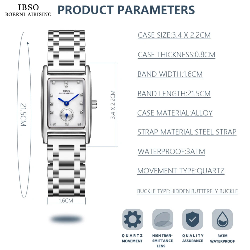 IBSO Women Rectangle Quartz Watches Luxury Women Stainless Steel Strap Wristwatch 3ATM Waterproof Japanese Quartz Movement #9688