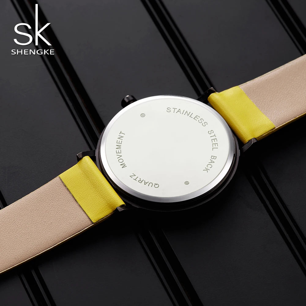 Shengke Top Women Watch Creative Wristwatch Ladies Watch Rotate Yellow Leather Band Wristwatches Clock Montres Femme Reloj Mujer